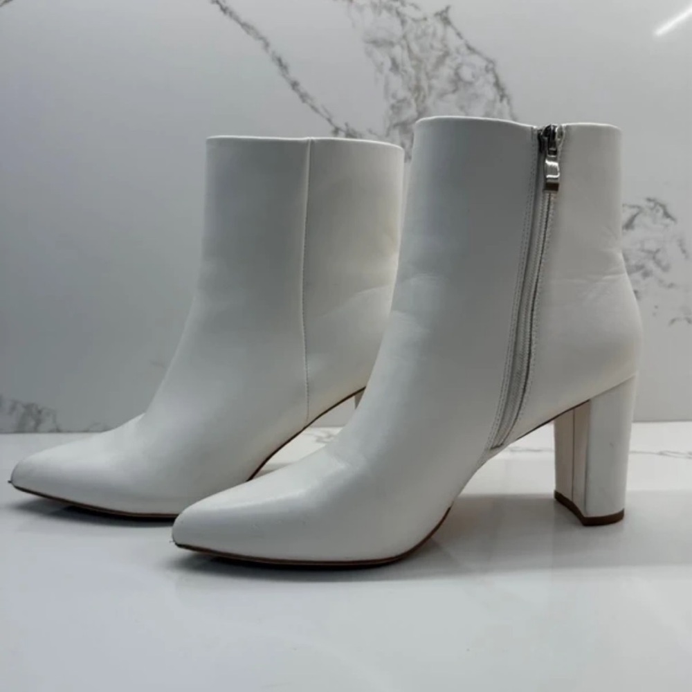 Zara White Pointed Toe Side-Zip Block Heel Ankle Boots